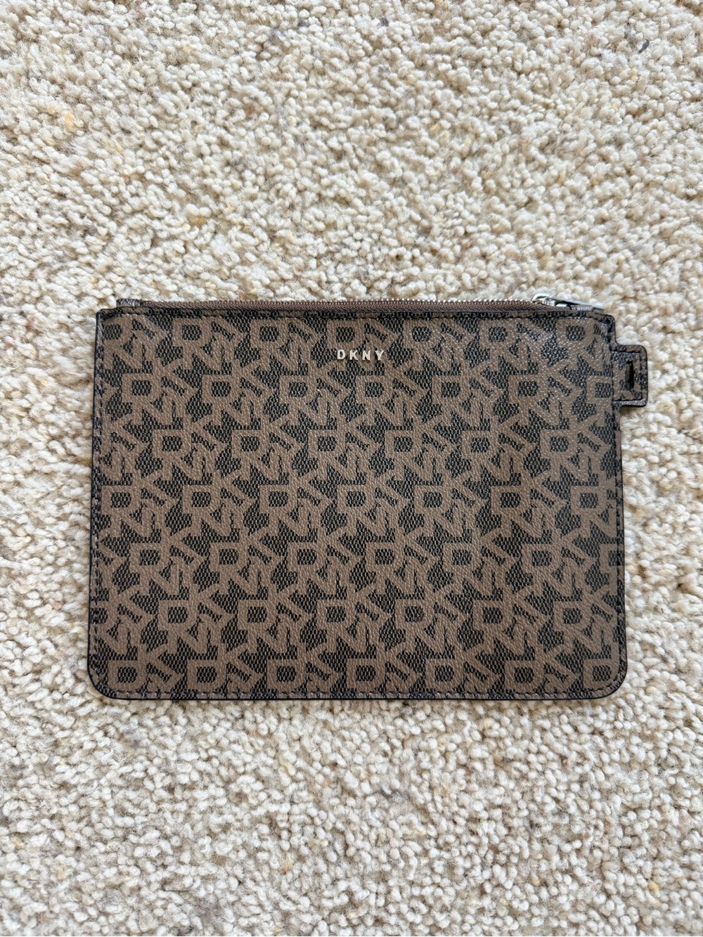 DKNY Brown Logo Print Coated Canvas Zip Pouch Wristlet Clutch Bag